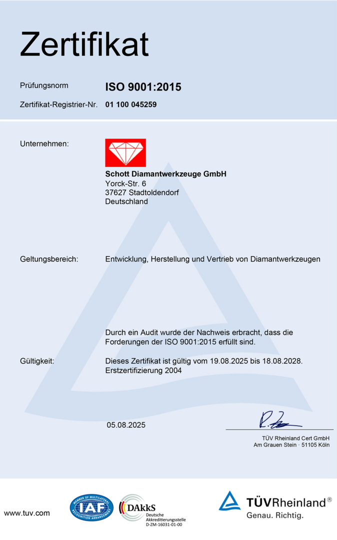 Zertifikat für Schott Diamantwerkzeuge GmbH nach ISO 9001:2015