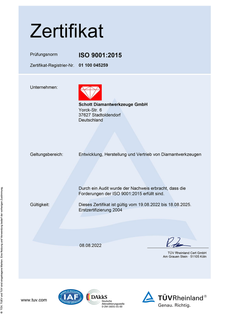 Zertifikat für Schott Diamantwerkzeuge GmbH nach ISO 9001:2015