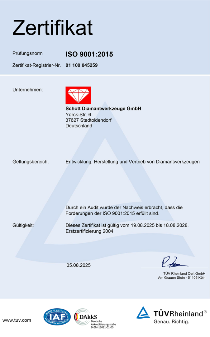 Zertifikat für Schott Diamantwerkzeuge GmbH nach ISO 9001:2015